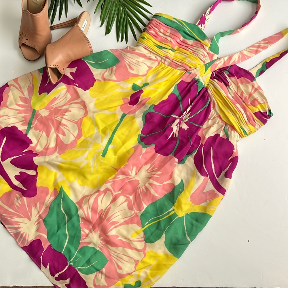 Shoshanna pink floral tropical silk halter style mini dress size 6